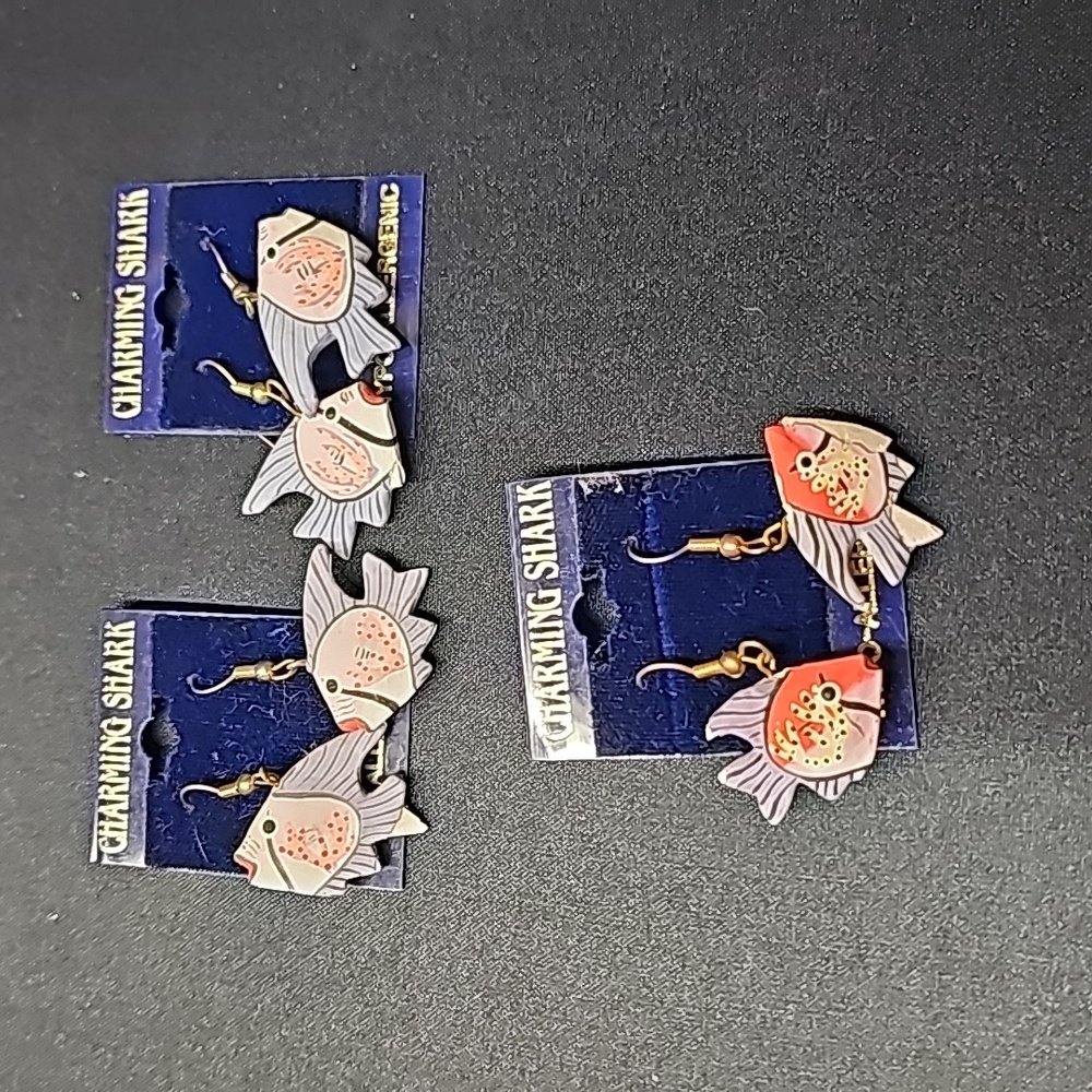 Charming Shark Wooden Fish Earrings Purple, Pink, Black New Old Stock Lot of 3
